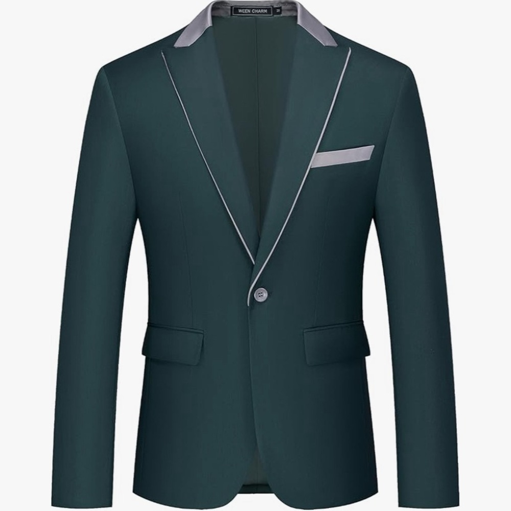 Elegant Green Blazer with Gray Accents and Slim Fit